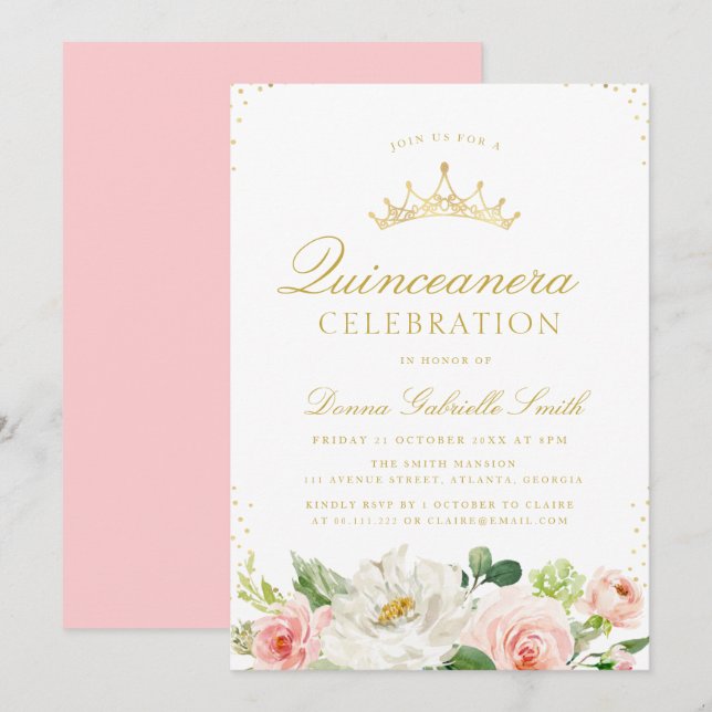 Rosa  blommigt Quinceanera-inbjudan Inbjudningar (Fram/baksida)