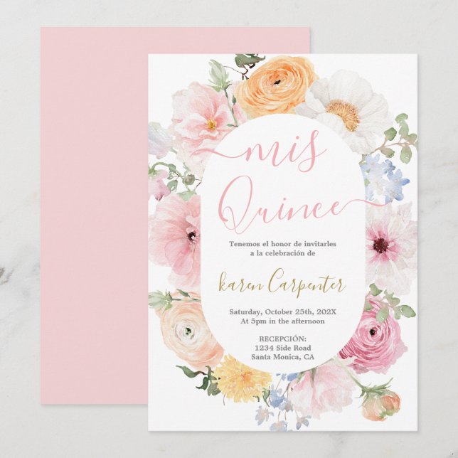 Rosa Blommigt Quinceanera-inbjudan Inbjudningar (Fram/baksida)