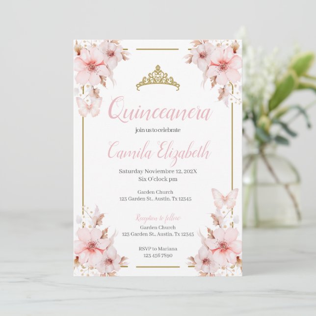 Rosa Blommigt Quinceañera-inbjudan Inbjudningar (Stående Fram)