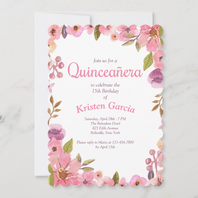 Rosa Blommigt Quinceañera Inbjudningar (Framsida)
