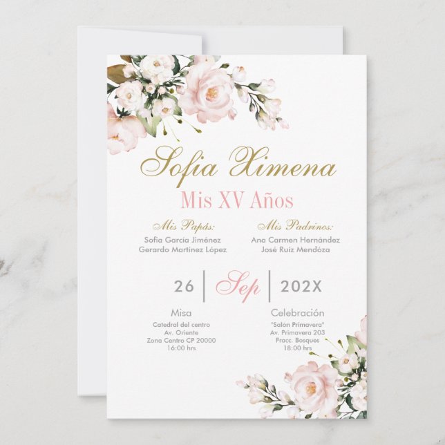 Rosa Blommigt Quinceanera Inbjudningar (Framsida)