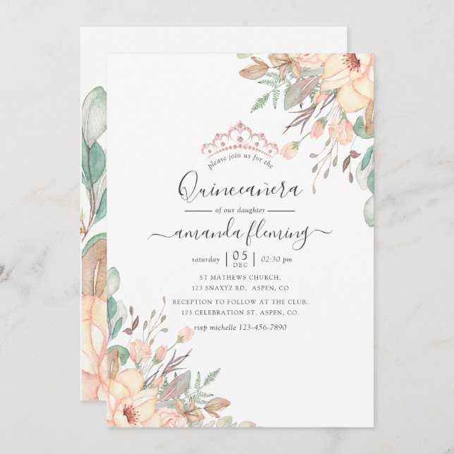  Rosa Blommigt Quinceañera Inbjudningar (Fram/baksida)