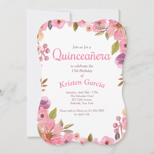Rosa Blommigt Quinceañera Inbjudningar (Framsida)
