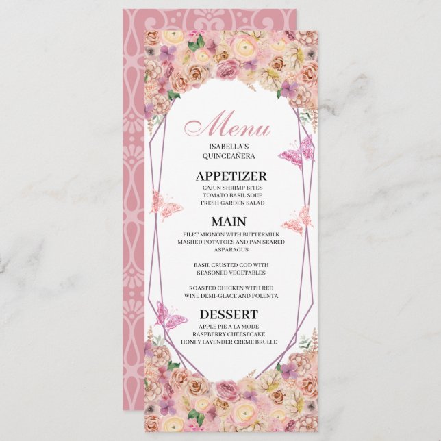  Rosa Blommigt Quinceanera Menu Inbjudningar (Fram/baksida)