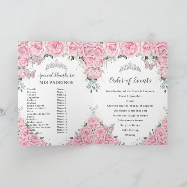 Rosa Blommigt Quinceañera Order of Events Padrinos Program (Inuti)
