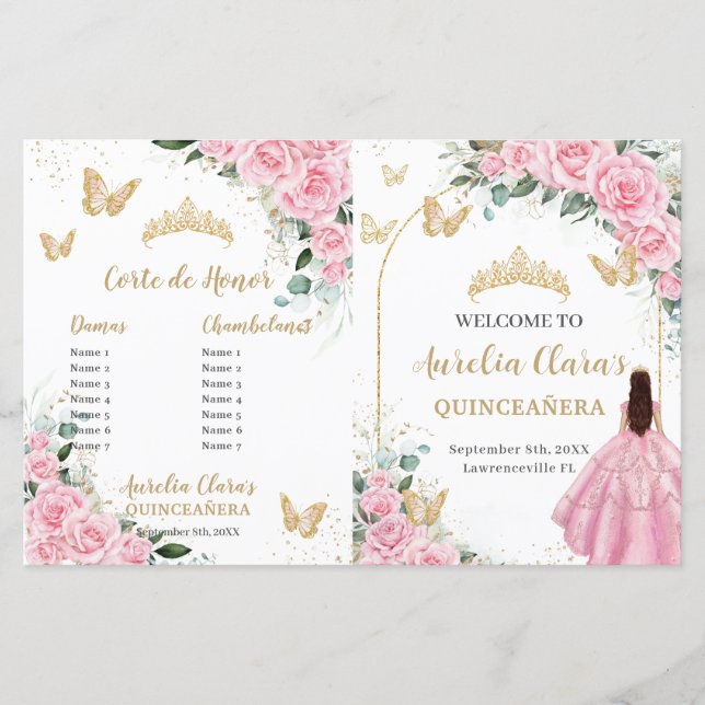 Rosa Blommigt Quinceanera Order Program (Framsida)