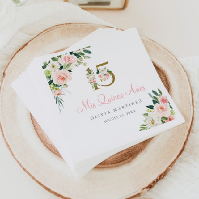 Rosa Blommigt Quinceañera Papper Napkins Mis Quinc Pappersservett (Skapare uppladdad)