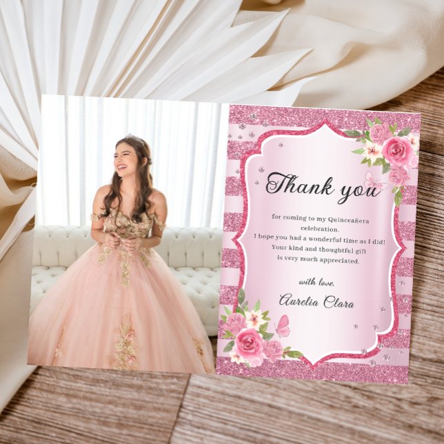 Rosa Blommigt Quinceanera Photo Tackto You Card Tack Kort (Skapare uppladdad)