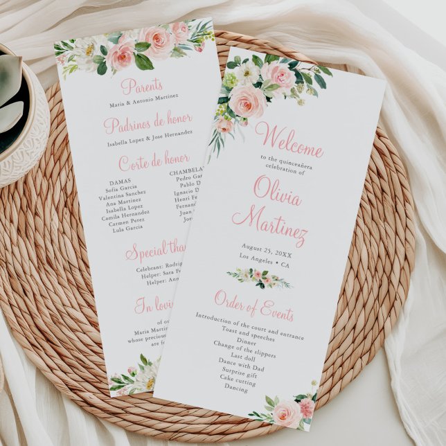 Rosa Blommigt Quinceañera Program Order of Events (Skapare uppladdad)
