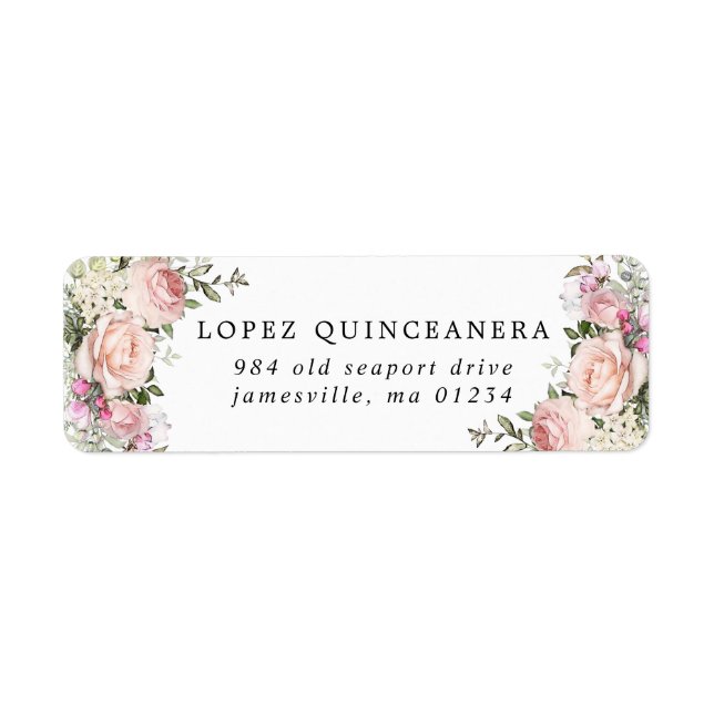  Rosa Blommigt Quinceanera Returadress Returadress Etikett (Framsidan)