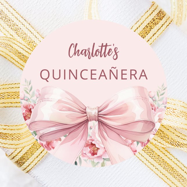 Rosa blommigt Quinceanera Runt Klistermärke (Skapare uppladdad)