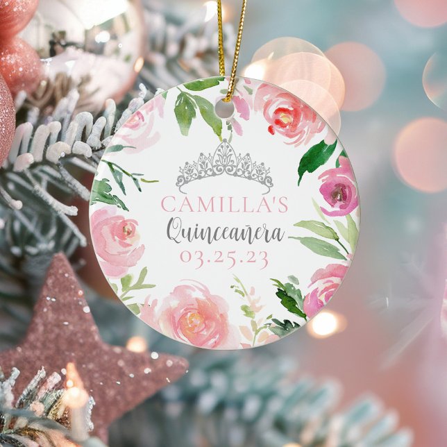 Rosa Blommigt Quinceañera Silver Tiara-jul Julgransprydnad Keramik (Skapare uppladdad)