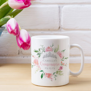 Rosa Blommigt Quinceañera Silver Tiara Personlig Kaffemugg