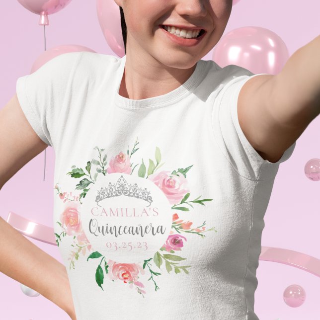Rosa Blommigt Quinceañera Silver Tiara Personlig T Shirt (Skapare uppladdad)