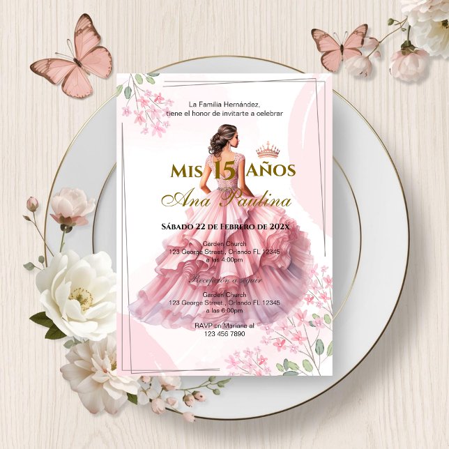 Rosa Blommigt Quinceañera Spansk inbjudan (Skapare uppladdad)