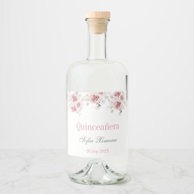  Rosa Blommigt Quinceañera Spritflaskor Etikett (Framsida)