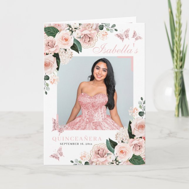  Rosa Blommigt Quinceanera Tiara Butterflies Program (Framsida)