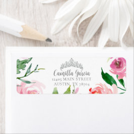  Rosa Blommigt Quinceañera Tiara Returadress Returadress Etikett