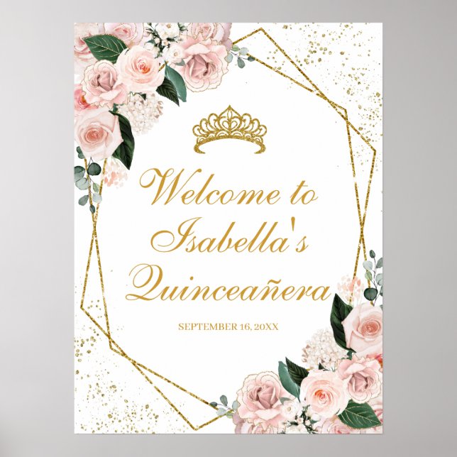  Rosa Blommigt Quinceanera Välkomsttecken Poster (Framsidan)
