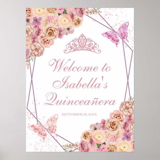  Rosa Blommigt Quinceanera Välkomsttecken Poster (Framsidan)