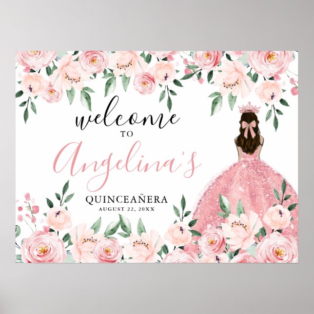  Rosa Blommigt Quinceañera Välkomsttecken Poster (Framsidan)