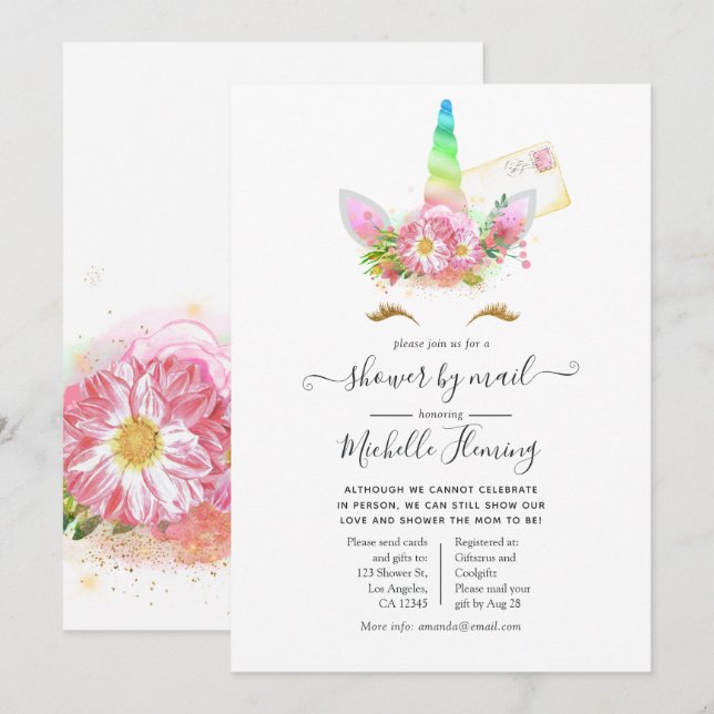 Rosa Blommigt Rainbow Unicorn Baby Shower by Mail Inbjudningar (Fram/baksida)