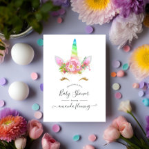 Rosa Blommigt Rainbow Unicorn Baby Shower-inbjudan
