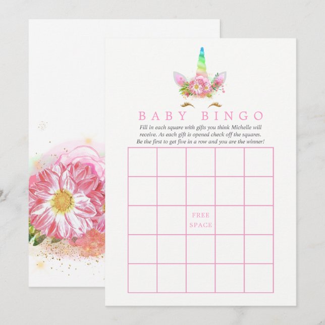 Rosa Blommigt Rainbow Unicorn Girl Shower Bingo Inbjudningar (Fram/baksida)