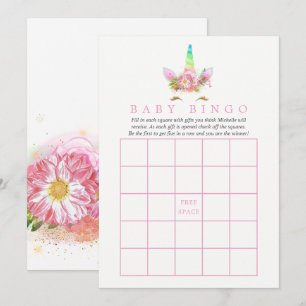 Rosa Blommigt Rainbow Unicorn Girl Shower Bingo Inbjudningar