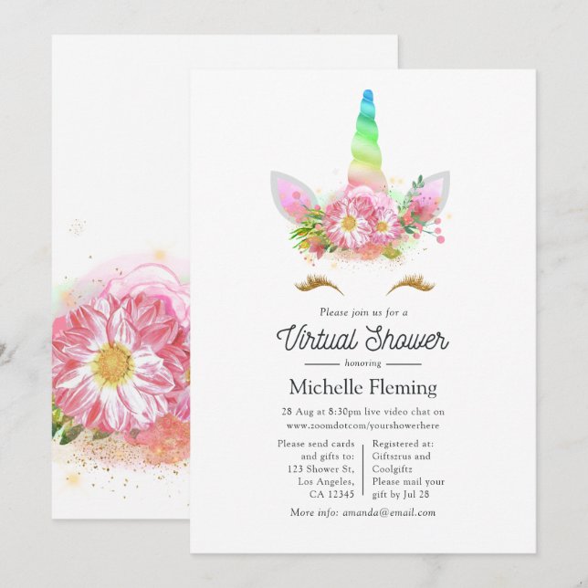 Rosa Blommigt Rainbow Unicorn Virtuell Baby Shower Inbjudningar (Fram/baksida)