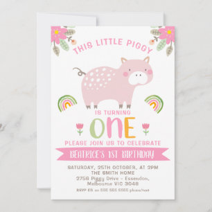 Rosa Blommigt Rainbows Little Piggy 1st Birthday Inbjudningar