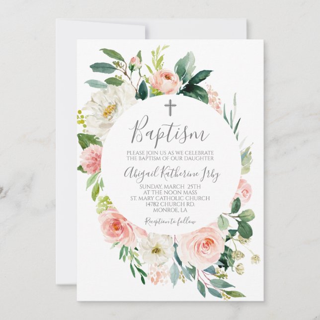 Rosa Blommigt Ram Baptism Inbjudningar (Framsida)