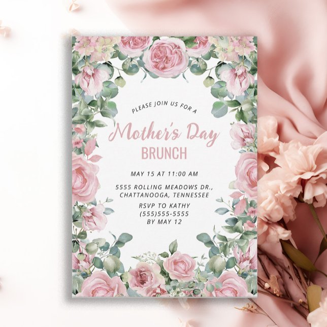 Rosa Blommigt Ram Mors dag Brunch Inbjudningar (Elegant pink roses Mother's Day Brunch invitation)