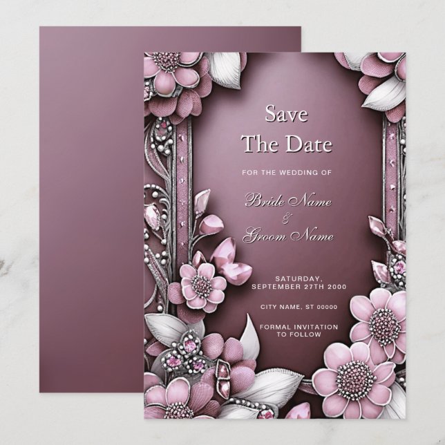 Rosa Blommigt Ram Spara datum Datumet (Fram/baksida)