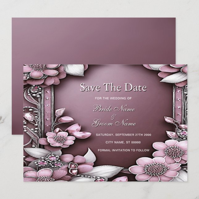 Rosa Blommigt Ram Spara datum Datumet (Fram/baksida)