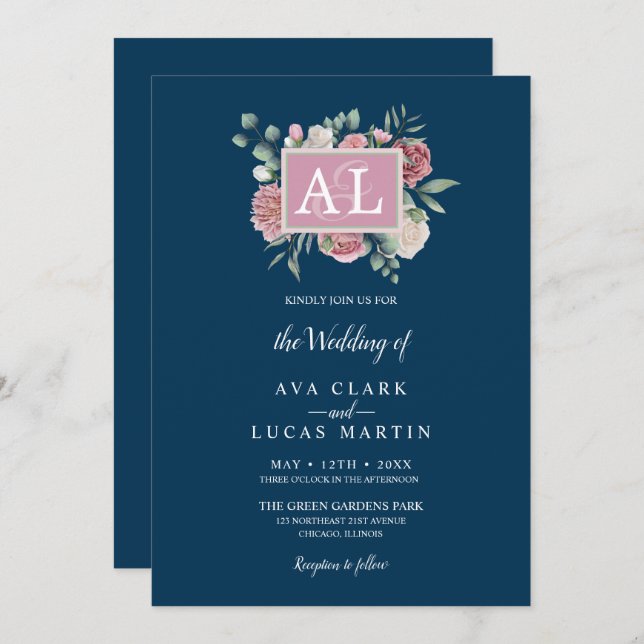Rosa Blommigt Ram Watercolor Bröllop Inbjudningar (Fram/baksida)