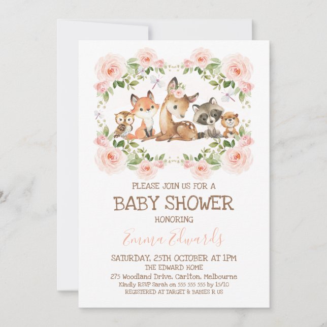 Rosa Blommigt Ram Woodland ThMeed Baby Shower Inbjudningar (Framsida)