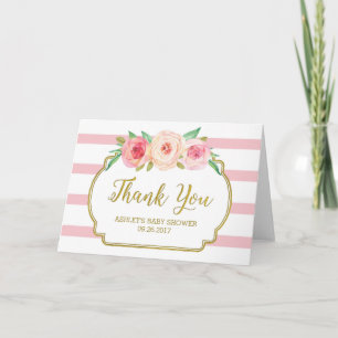 Rosa Blommigt Rand Guld Baby Shower Tack Kort
