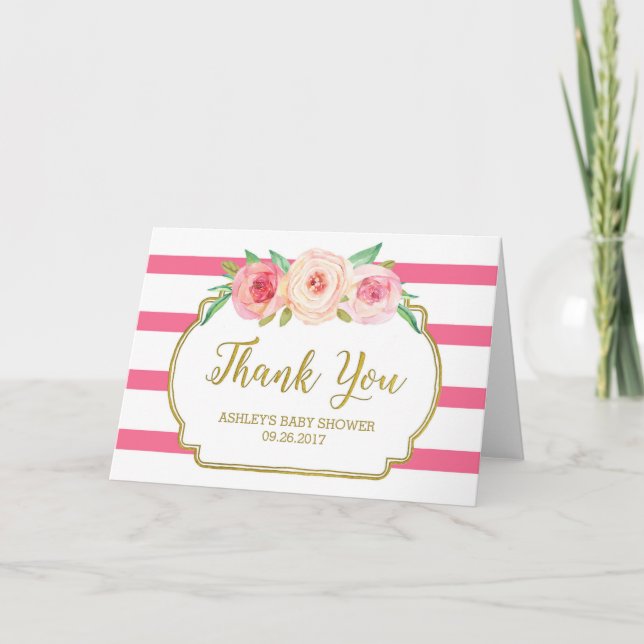Rosa Blommigt Rand Guld Baby Shower Tack Kort (Framsida)