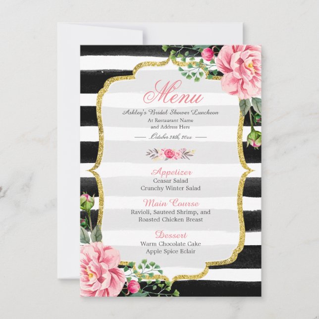 Rosa Blommigt Rand | Möhippa Luncheon Menu Inbjudningar (Framsida)