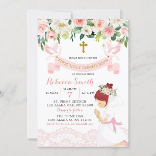 Rosa Blommigt Red Hair First Heliga Communion Inbjudningar