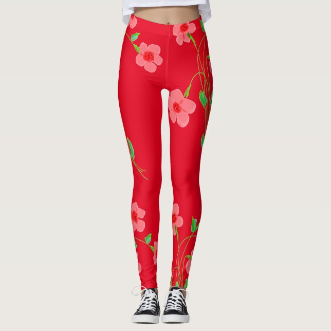 Rosa Blommigt Red Leggings (Framsida)