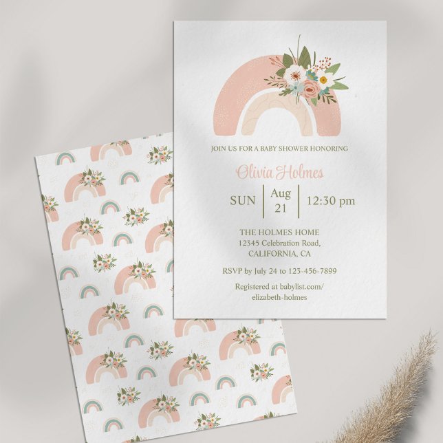 Rosa Blommigt Regnbåge Baby Shower Inbjudningar (Pink Floral Rainbow Baby Shower Invitation on white table next to dry pampas grass.)