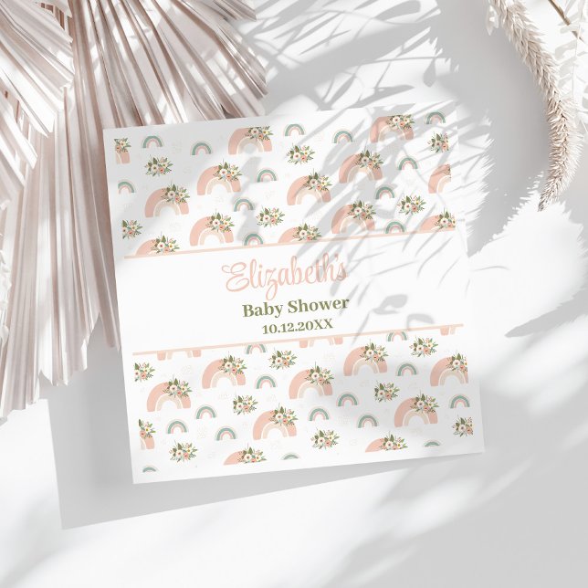 Rosa Blommigt Regnbåge Baby Shower Napkins Pappersservett (Pink Floral Rainbow Baby Shower Napkins on a sunny white table.)
