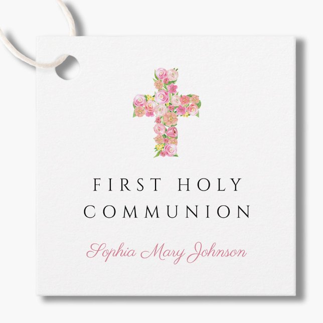 Rosa Blommigt Religiösa Kor Girl First Communion Gåvor Etiketter (Pink Floral Religious Cross Girl First Communion Favor Tags)