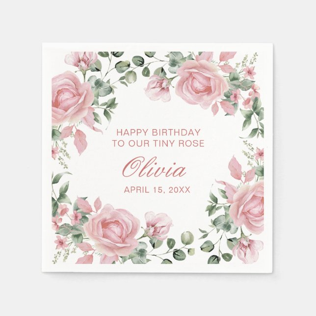 Rosa Blommigt Ro 1:a födelsedag Party Plattor Pappersservett (Framsidan)