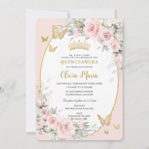 Rosa Blommigt Ro Butterflies Quinceañera Inbjudningar