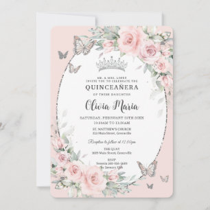Rosa Blommigt Ro Butterflies Quinceañera Inbjudningar