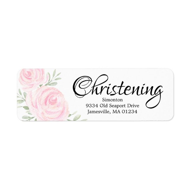 Rosa Blommigt Ro Christening Returetiketters Returadress Etikett (Framsidan)