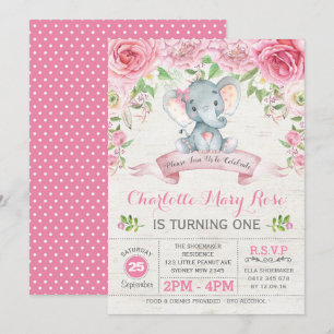Rosa Blommigt Ro Elephant Födelsedagsfest Inbjudan